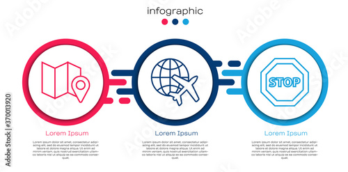 Set line Folded map with location marker, Globe with flying plane and Stop sign. Business infographic template. Vector.