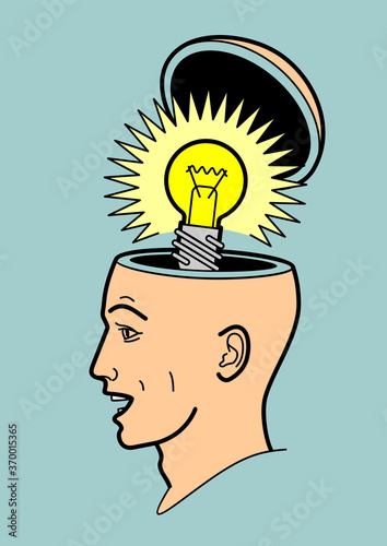 Human head. A man's brain is open. Abstract form of an open human head. Profile man. Idea. A light bulb in my head. Human brain. Psychology of thinking.