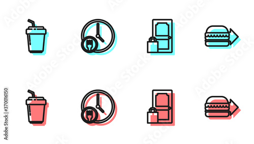Set line Online ordering and delivery, Coffee cup to go, Round the clock and burger icon. Vector.