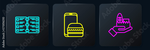 Set line Restaurant cafe menu, Online ordering and delivery and . Black square button. Vector.