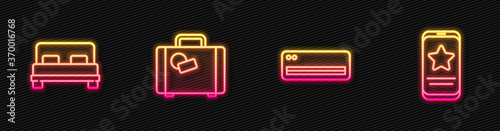 Set line Air conditioner, Big bed, Suitcase and Mobile with review rating. Glowing neon icon. Vector.