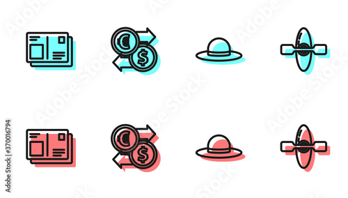 Set line Elegant women hat, Passport with visa stamp, Money exchange and Kayak canoe icon. Vector.