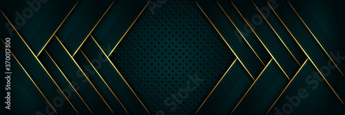 Abstract luxury geometric green with gold lines background vector design template . Premium Graphic design element with golden frame