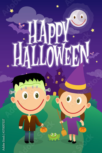 Cartoon boy and girl dressed as frankenstein and witch on halloween night. Vector illustration postcard