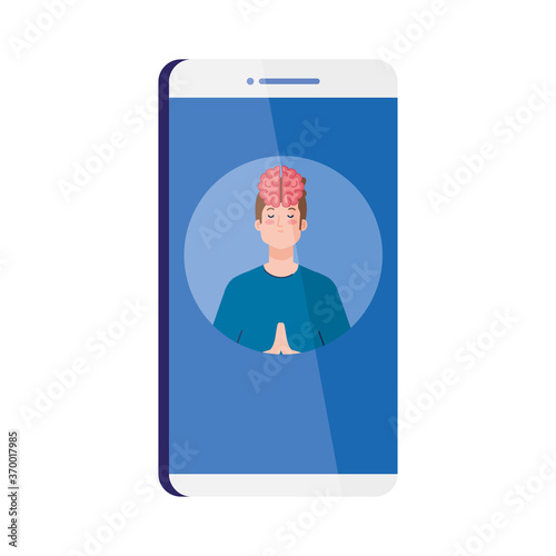 mental health assistance online in smartphone, meditating man with brain icon, on white background vector illustration design