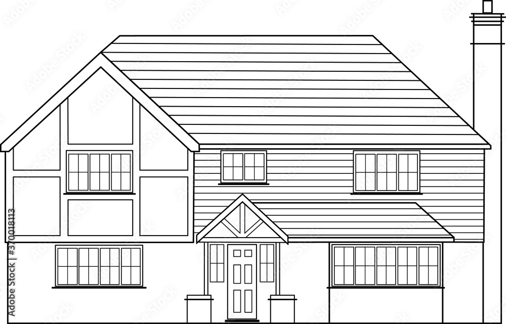 Vector line art drawing of a modern detached house, suitable for use as an image on a real estate agent's or property developer' business card. Vector line art drawing of a modern detached house, suitable for use as an image on a real estate agent's or property developer' business card.