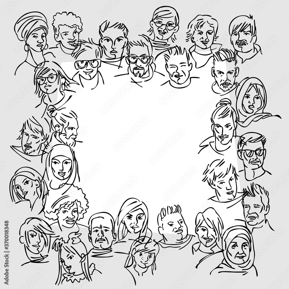 MULTICULTURAL TEAM. Modern multicultural society concept with people. group of people. black and white graphics. Different nationalities, characters, clothes and hairstyles. Copy space