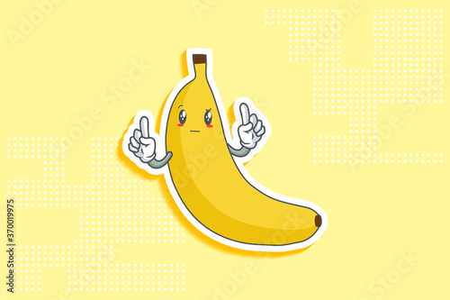 REALLY, ATTENTIVE, CURIOS Face Emotion. Double Forefinger Hand Gesture. Banana Fruit Cartoon Drawing Mascot Illustration.