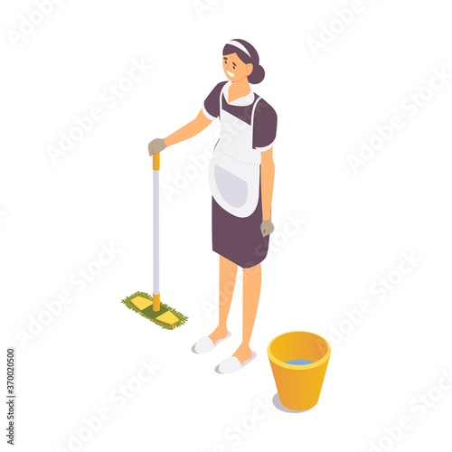 Isometric hotel cleaning lady character with mop and bucket with water in uniform. Service and accommodation woman