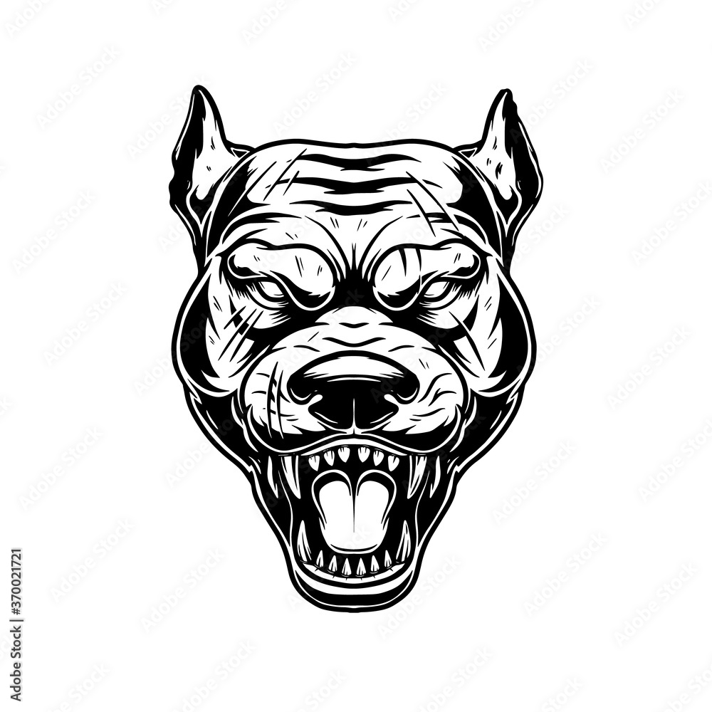 Illustration of head of angry pitbull in vintage monochrome style. Design element for logo, emblem, sign, poster, card, banner.