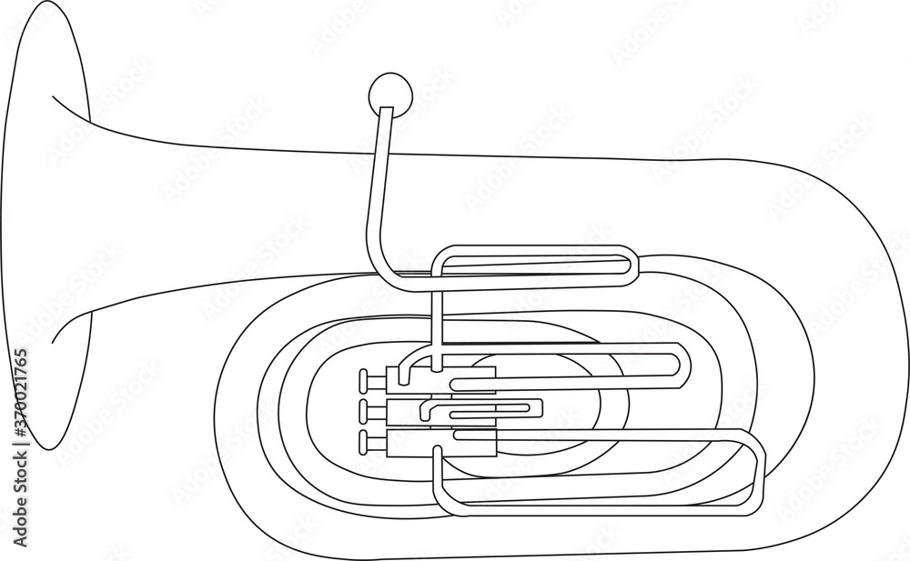 Simple black and white line drawing of outline Tuba musical instrument contour Stock Vector