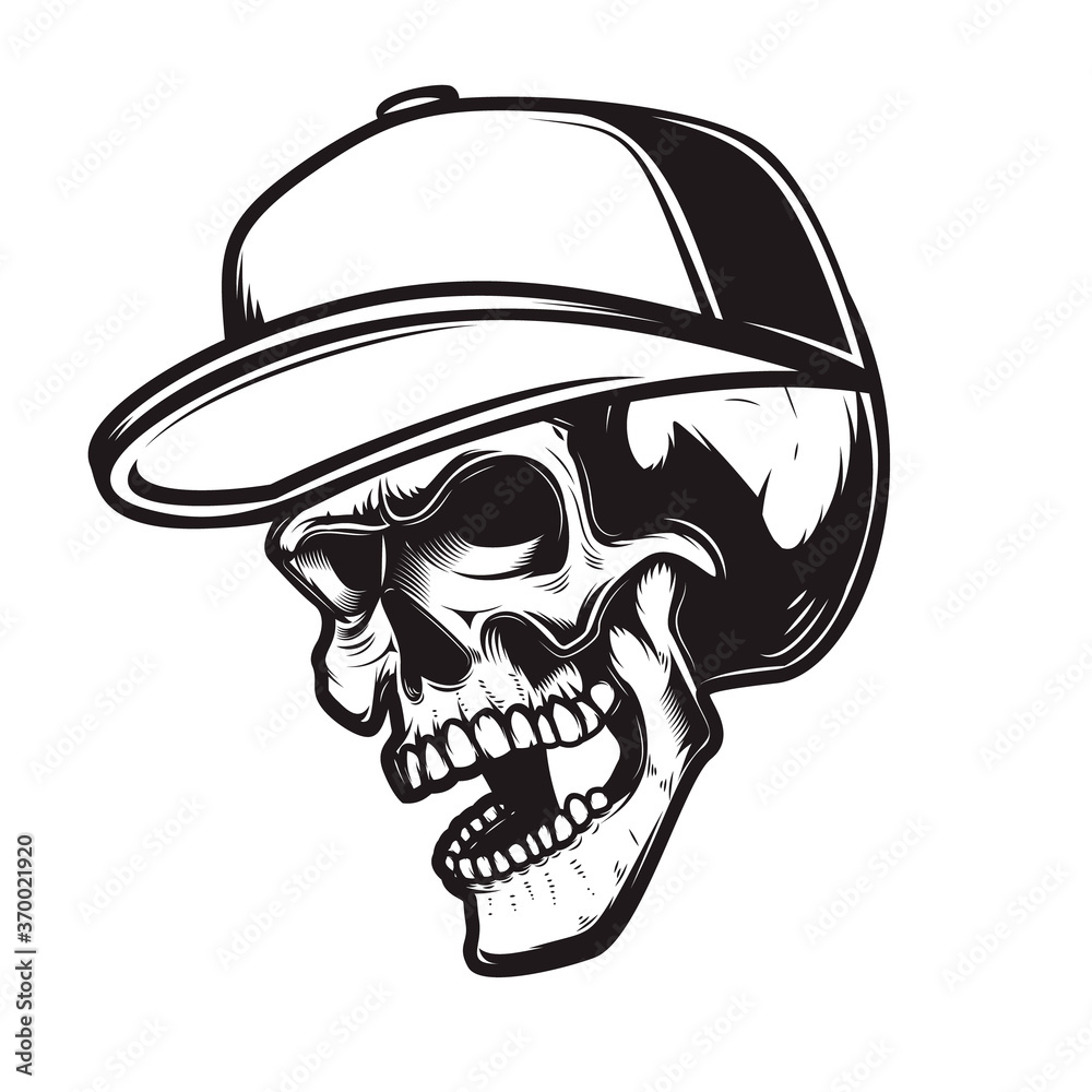 Illustration of skull in baseball cap in engraving style. Design element for logo, emblem, sign, poster, card, banner.