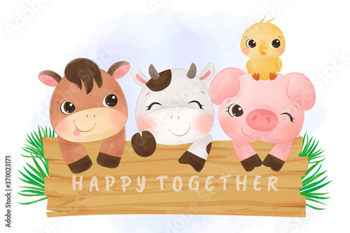 Adorable farm animals illustration in watercolor