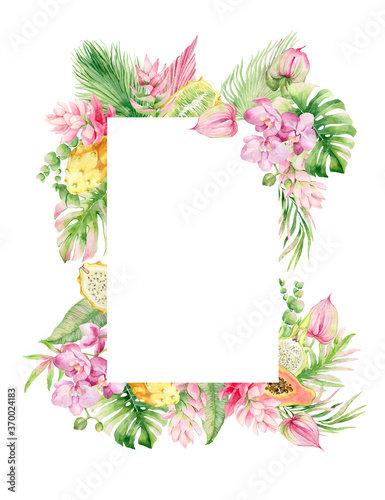 Watercolor frame with Tropical fruits, flowers and palm leaves. Exotic invitation to the wedding. Dragon fruit, pitaya, banana, coconut.