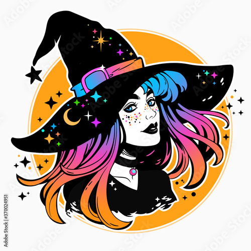 Slika na platnu beautiful witch in a classic hat and coloured hair