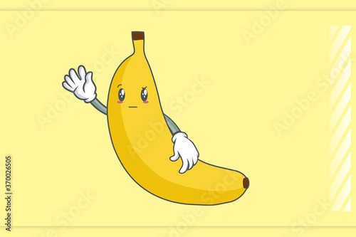 REALLY, ATTENTIVE, Curios Face Emotion. Waving Hand Hand Gesture. Banana Fruit Cartoon Drawing Mascot Illustration.