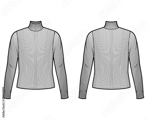 Turtleneck ribbed-knit sweater technical fashion illustration with long sleeves, oversized body. Flat sweater apparel template front back white color. Women men unisex shirt top CAD mockup