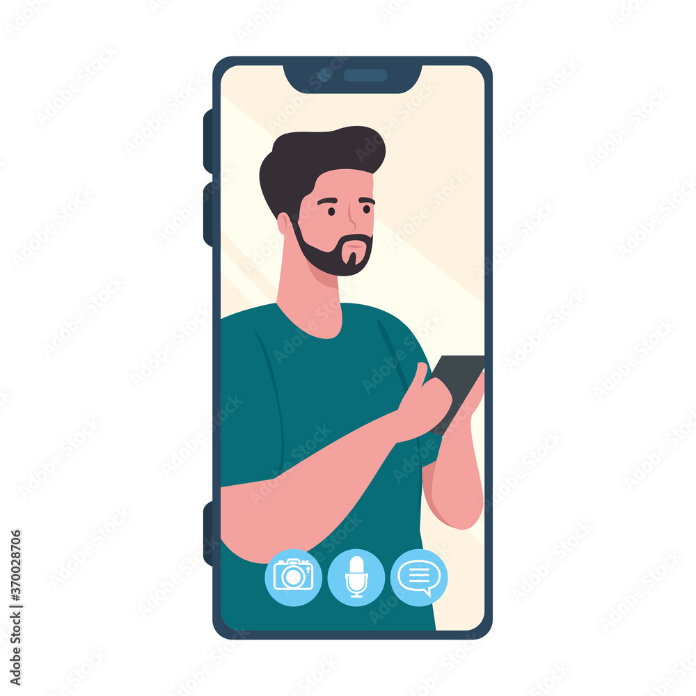 smartphone video call on the screen with young man social media concept vector illustration design