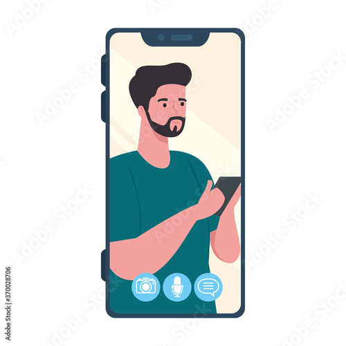 smartphone video call on the screen with young man social media concept vector illustration design