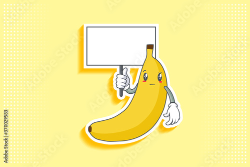 REALLY, ATTENTIVE, CURIOS Face Emotion. Holding Whiteboard Handgun Gesture. Banana Fruit Cartoon Drawing Mascot Illustration.