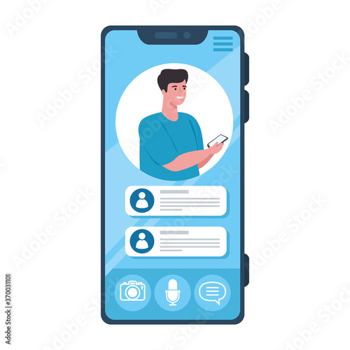 online chat messages, man on screen of smartphone, chat digital communication online vector illustration design