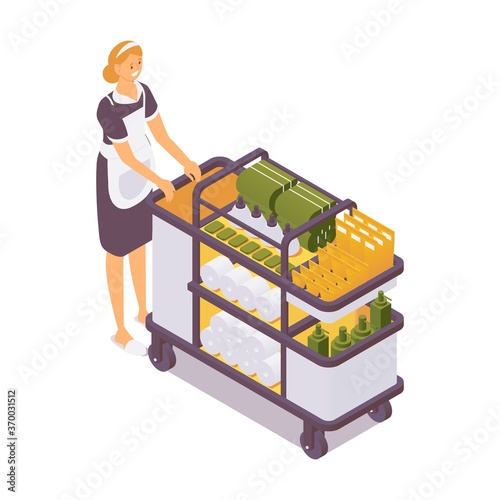 Isometric room cleaner woman with trolley and cleaning items in hotel, hostel, villa. 3d service female character vector concept