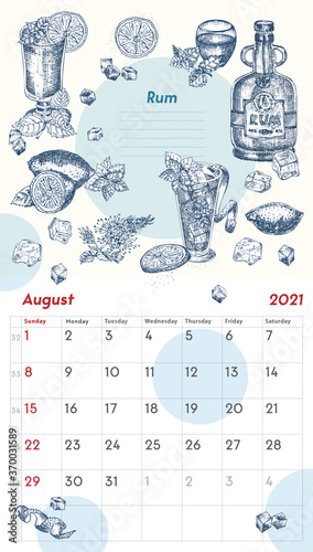 2021 Page of wall vintage calendar planner. August month. Week starts on Sunday. Alcohol bar theme. Rum cocktails Retro poster Place to write recipe Sketch engraving style vector illustration