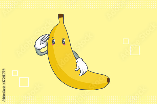 REALLY, ATTENTIVE, Curios Face Emotion. Waving Hand Hand Gesture. Banana Fruit Cartoon Drawing Mascot Illustration.