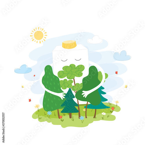 A paper bag hugs trees.The concept of eco packaging.Vector illustration  flat design.