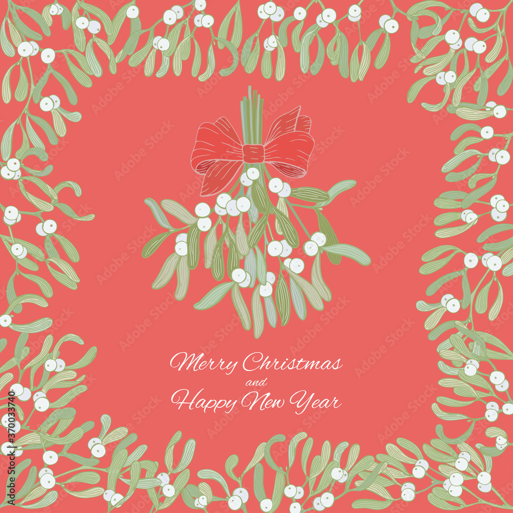 Hand drawn mistletoe. Vector Romantic Christmas plant frame. Illustration background for greeting cards design, invitations, print.