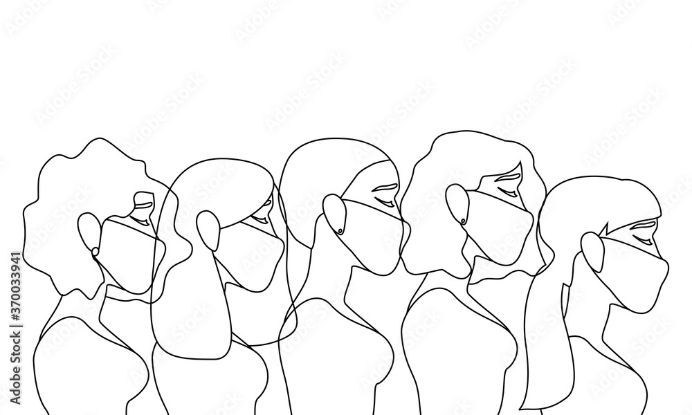 forces girls in medical masks. line drawing forces girls in medical masks. line drawing