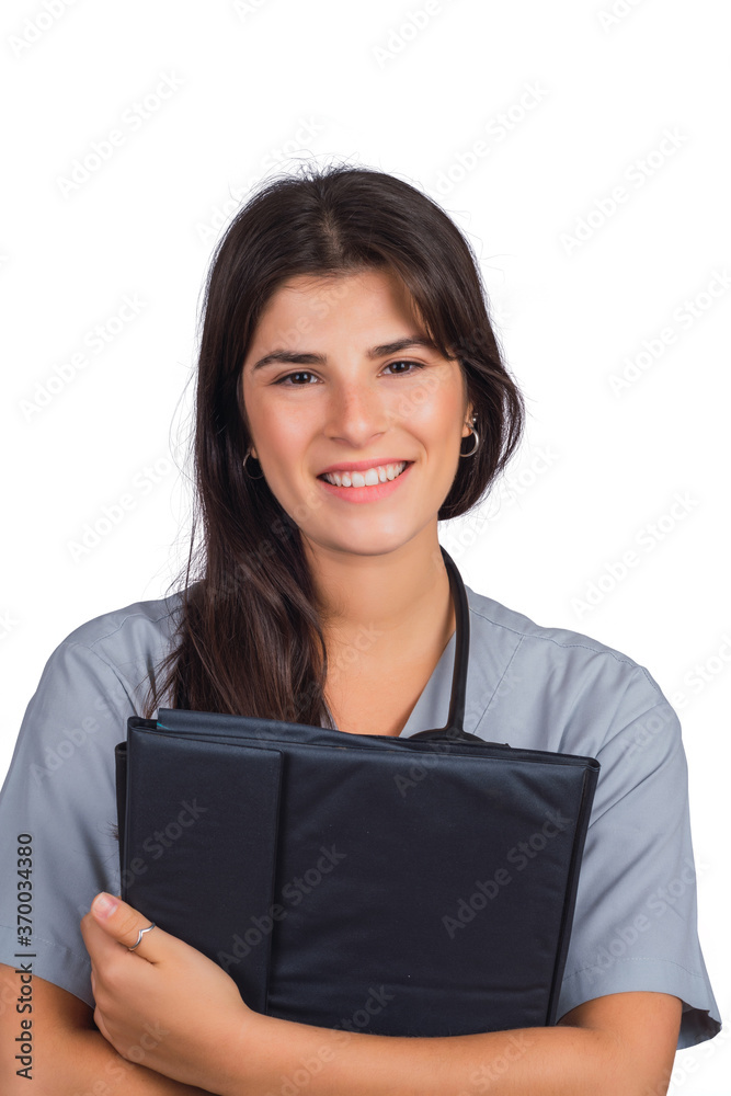 Female doctor with stethoscope and folders. Female doctor with stethoscope and folders.