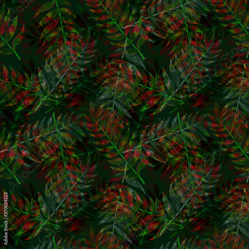 Palm tree leaves  hand painted watercolor illustration seamless pattern design on dark green background