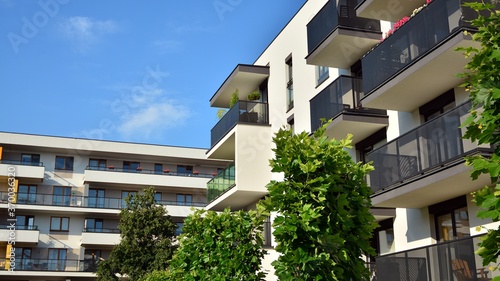 Modern and new apartment building. Multistoried modern, new and stylish living block of flats.