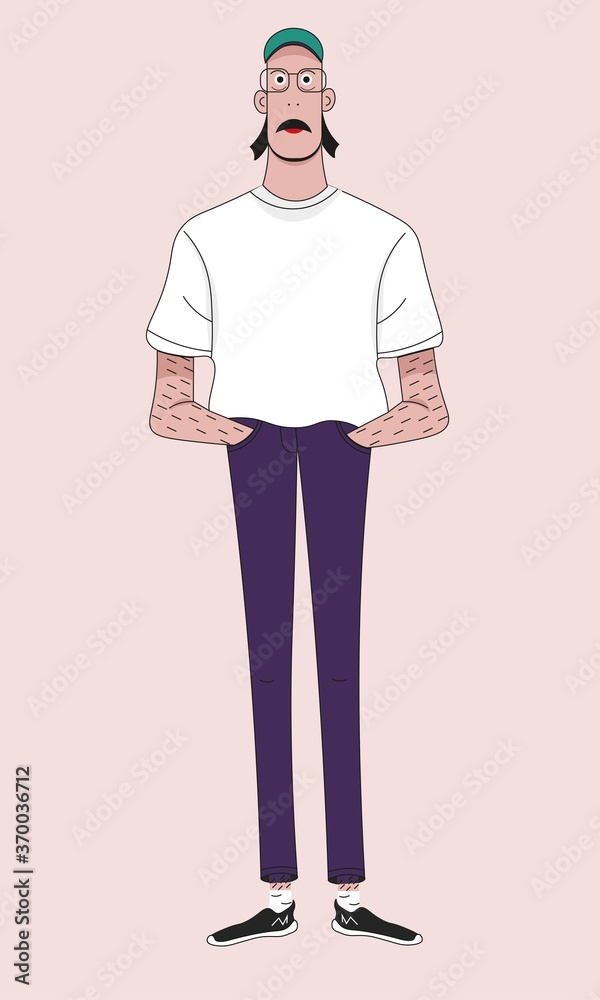 Cartoon design of a high white man wearing a white t-shirt and blue jeans, with a green cap on head and black sneakers on feet, with glasses and mustache, hands in pockets, standing on pink back