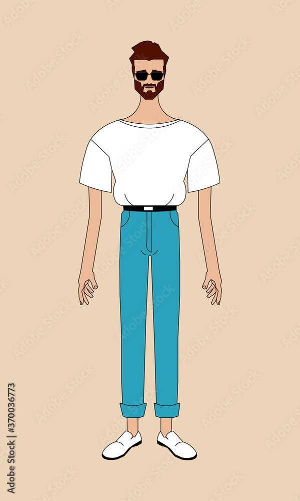 Cartoon design of a high white man wearing a white t-shirt and blue jeans, with long hands, white shoes on feet, wearing glasses and mustache