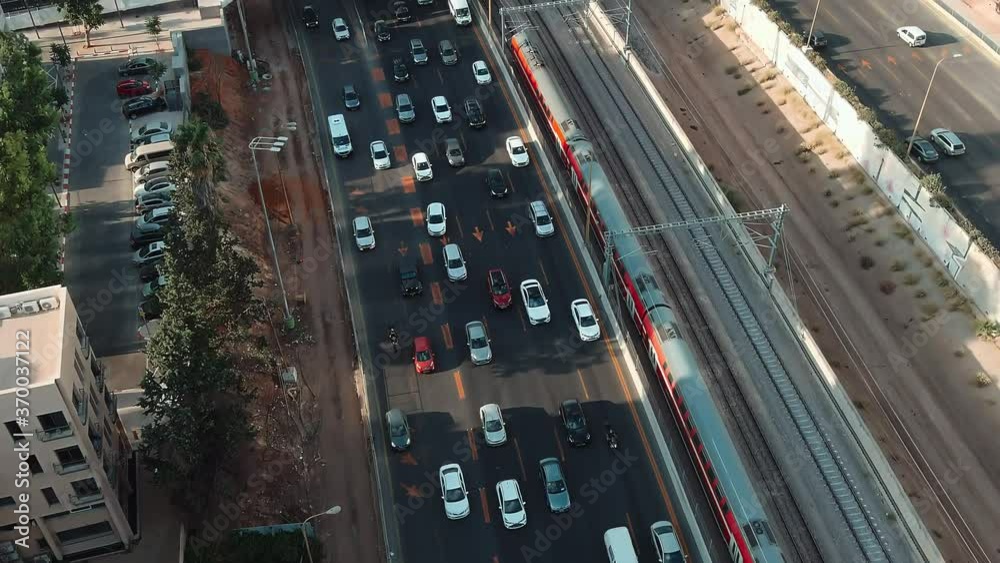 Business city center and transportation of Tel Aviv, Israel, aerial drone view Business city center and transportation of Tel Aviv, Israel, aerial drone view