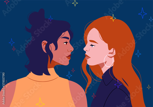 Lesbian couple. Portrait of two beautiful girls in an intimate evening abstraction. Homosexual romantic partners are flirting. LGBTQ+ relationships, passion, love concept. Flat design illustration.