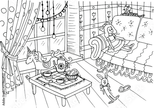 coloring book for adults and children interior of children's room girls with rocking chair toy unicorn tea party sofa pillows beautiful window