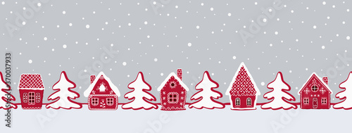Christmas background. Gingerbread village. Seamless border. Fairytale winter landscape. There are red gingerbread houses and fir trees on a gray background. Greeting card template. Vector