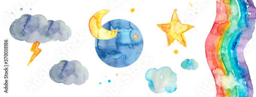 Weather set icons watercolor, moon star rainbow and cloud