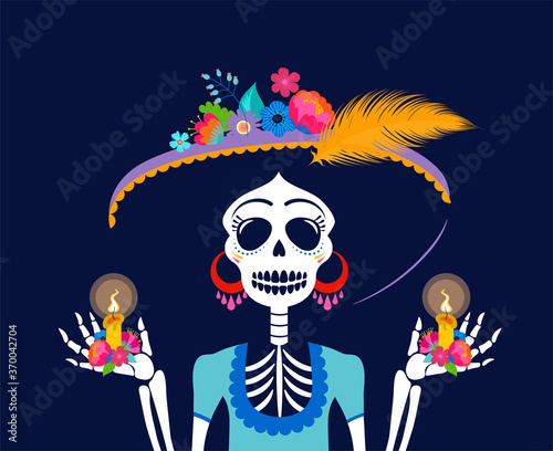 Dia de los muertos, Day of the dead, Mexican holiday, festival. Woman skull with make up of Catarina with flowers crown. Poster, banner and card with sugar skull