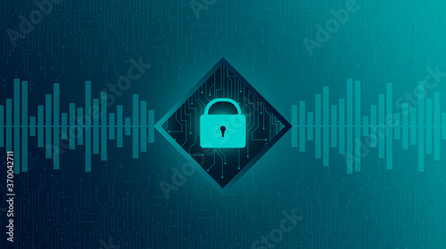 Shield icon cyber security emitting voice waves in two directions. Digital data security and security technology.