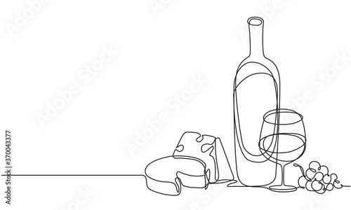 Wine glasses, a bottle of wine and cheese. Still life. Sketch. Draw a continuous line. Decor.