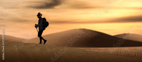 Silhouette of a man in the desert sunset landscape.
