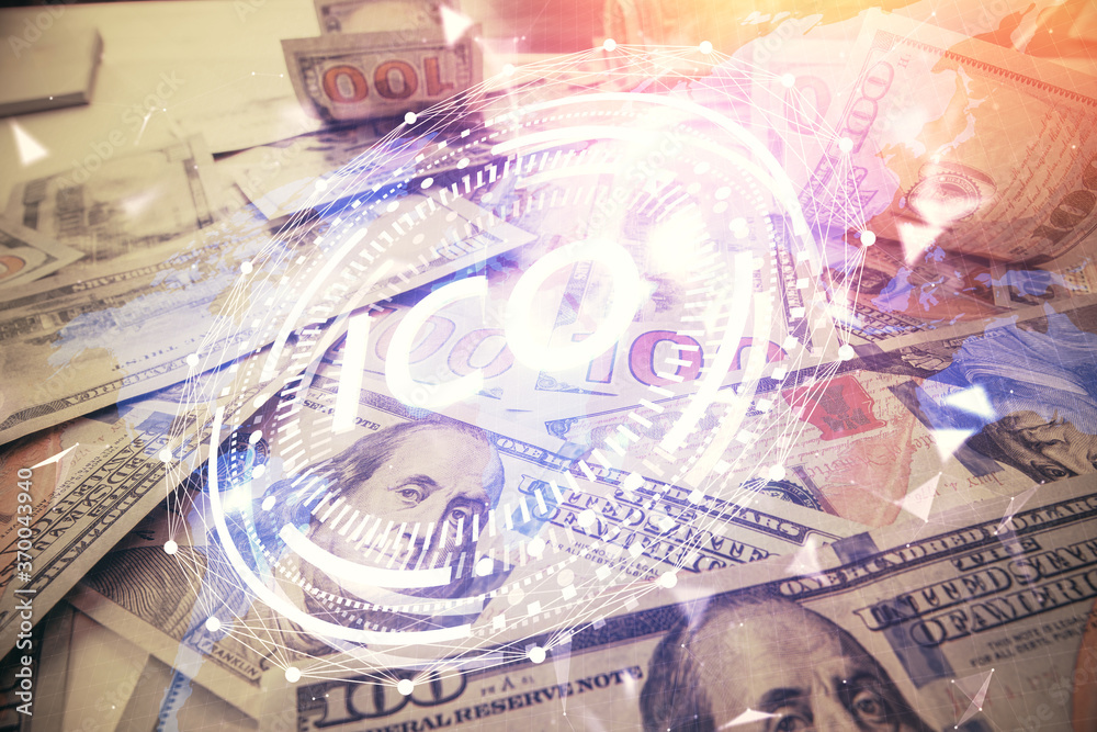 Multi exposure of crypto theme drawing over us dollars bill background. Concept of blockchain success. Multi exposure of crypto theme drawing over us dollars bill background. Concept of blockchain success.