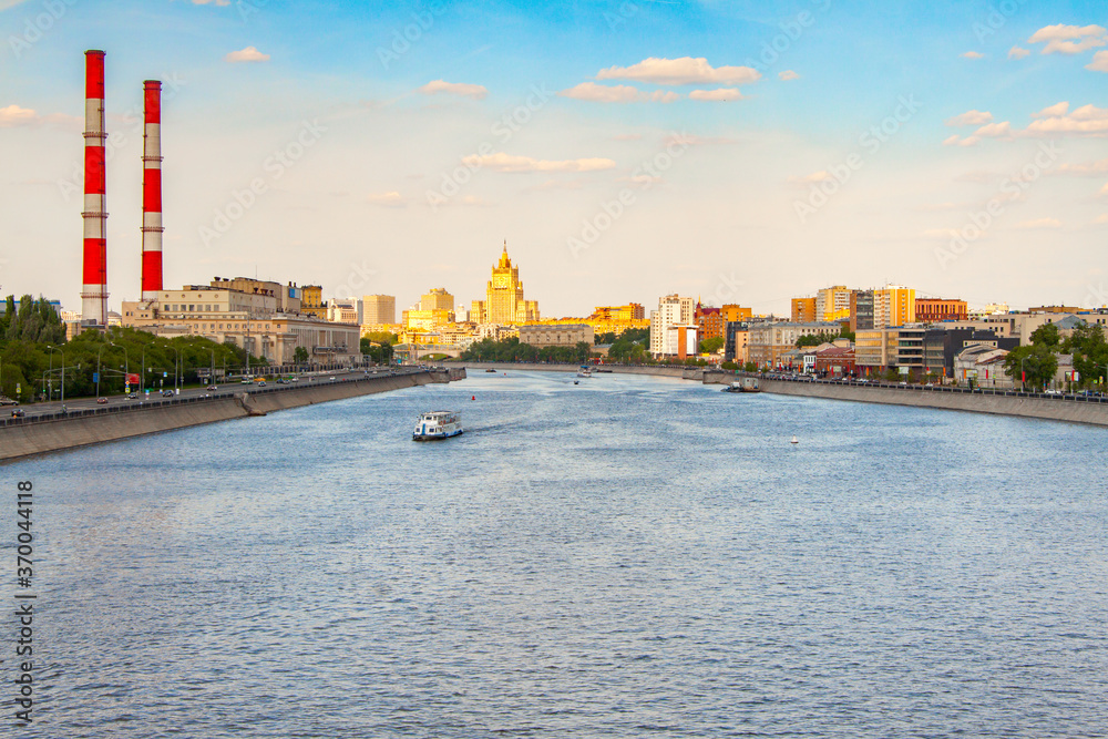 Fototapeta premium Beautiful summer Moscow landscape, view from the Berezhkovsky bridge on Moscow river and embankments