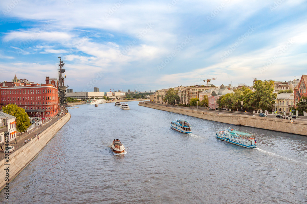 View on the Moscow river, Prechistenskaya and Bersenevskaya embankments and monument to Peter 1 and the factory building 