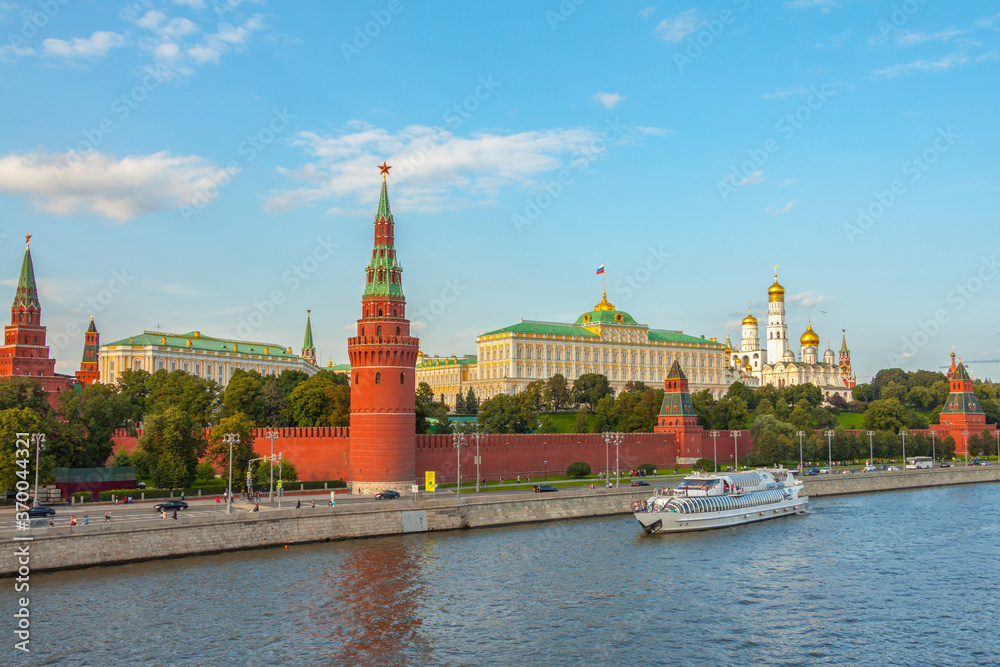 Kremlin view, Moskva river, steamship, Moscow, Russia