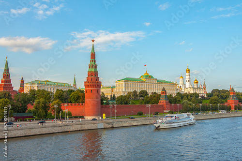Kremlin view, Moskva river, steamship, Moscow, Russia